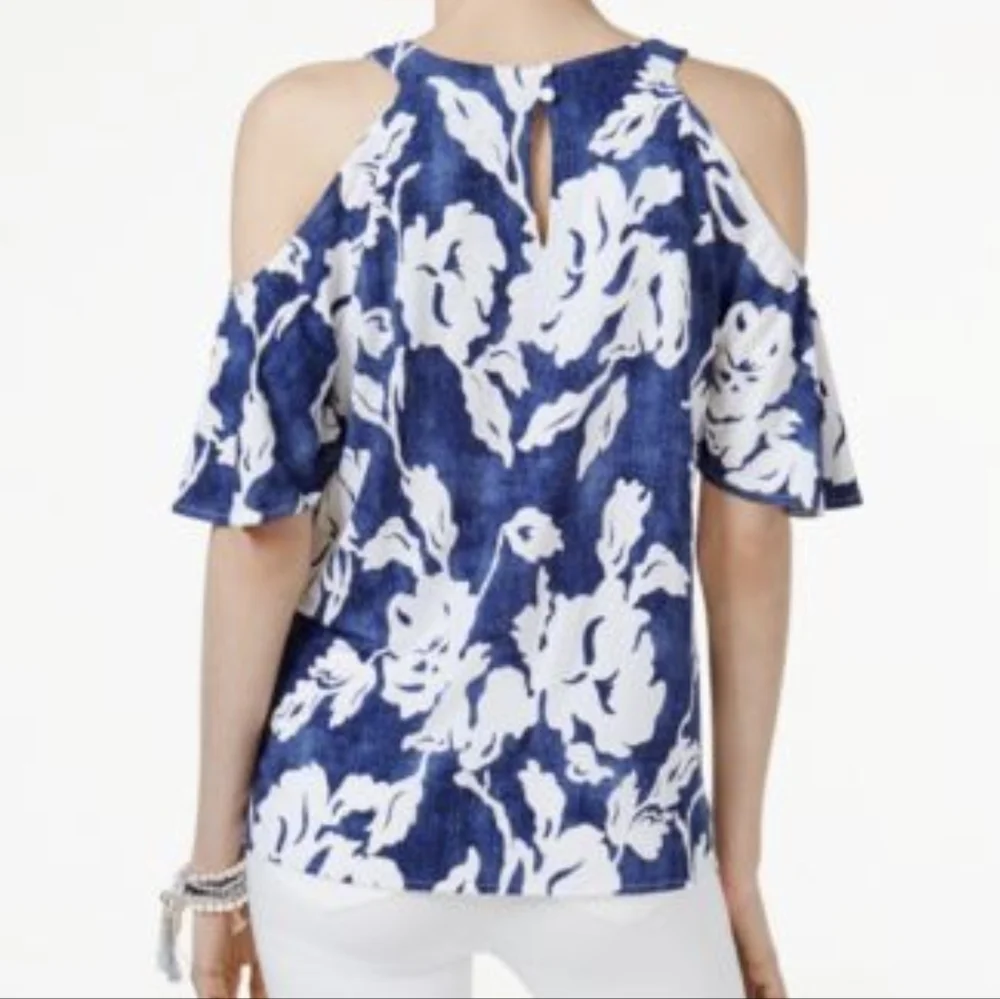 INC International | Floral Flowy Blue White Shoulder Cutout Tank Top Size M - Picture 2 of 7